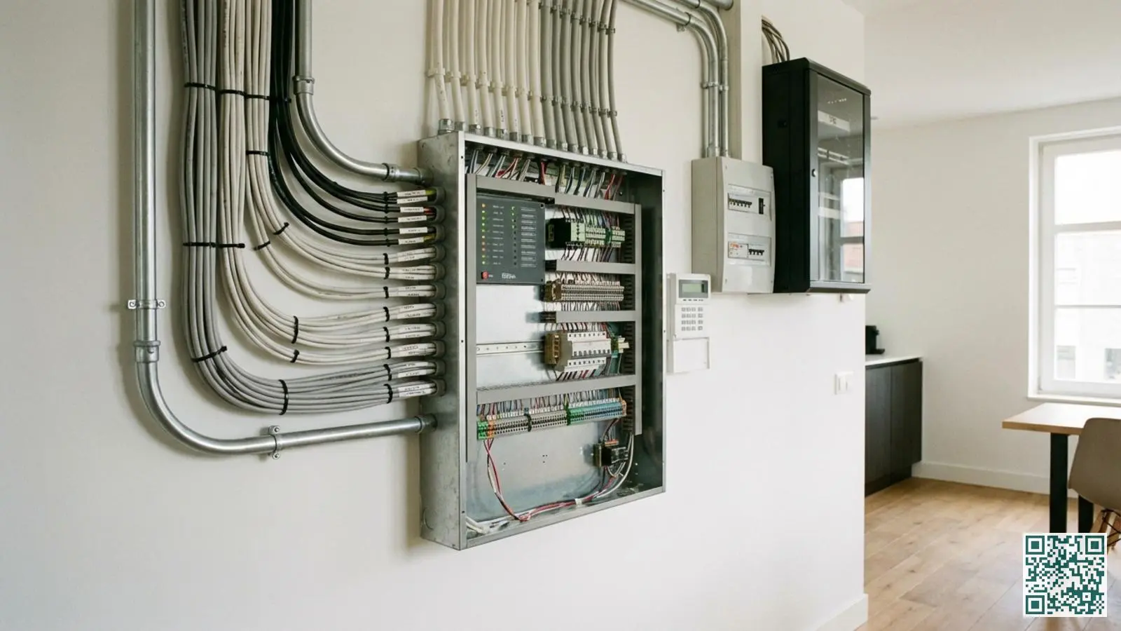 Professionele centrale unit van een bedraad alarmsysteem aan een witte muur met zichtbare kabelaansluitingen