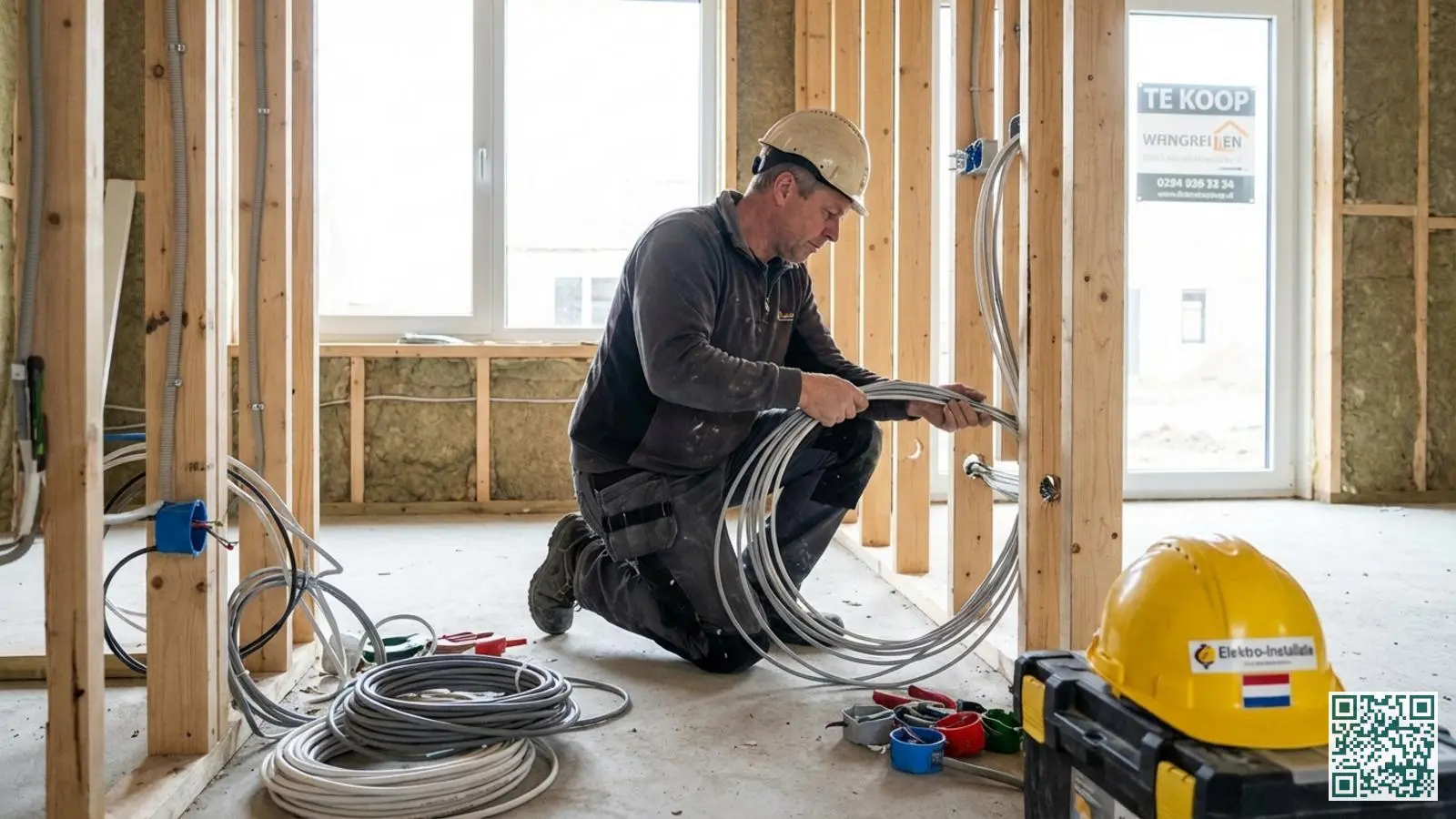Elektricien legt bekabeling voor een alarmsysteem aan in een nieuwbouwwoning met open wanden