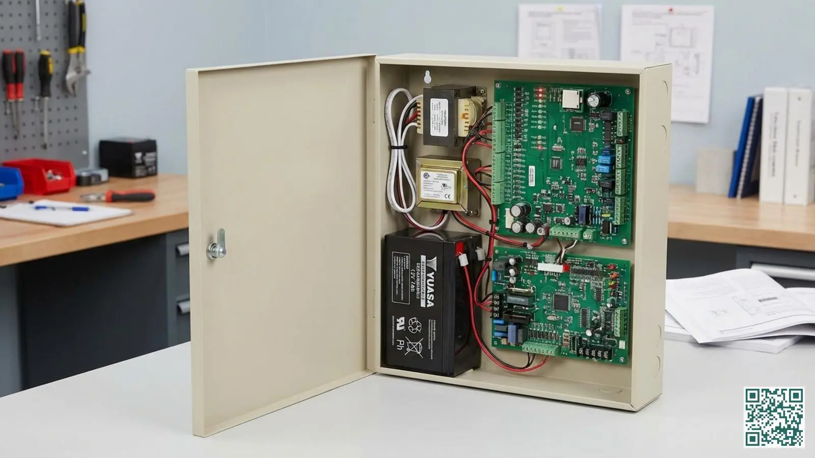 Geopende alarmcentrale met zichtbare noodaccu en voedingsaansluitingen voor backup-stroomvoorziening