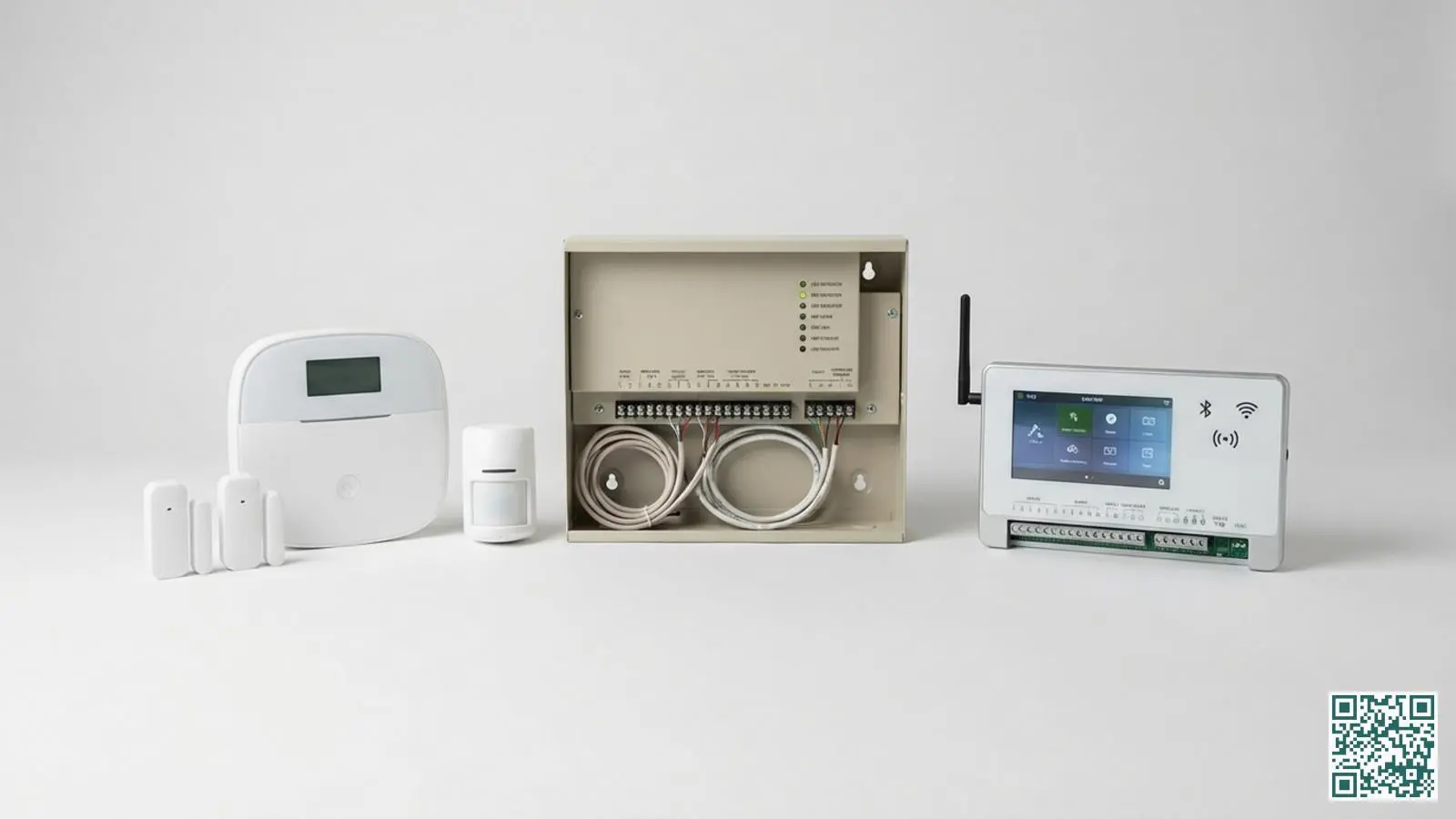 Drie soorten alarmsystemen naast elkaar: draadloze hub met sensoren, bedraad paneel en hybride controlepaneel
