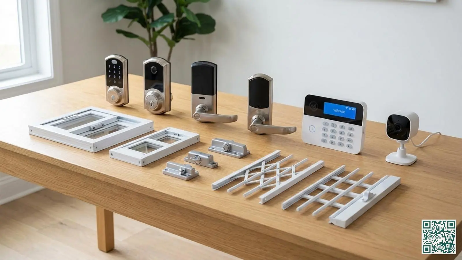 Verschillende inbraakbeveiligingsproducten zoals sloten, raamgrendels en een alarmsysteem uitgestald op een houten tafel
