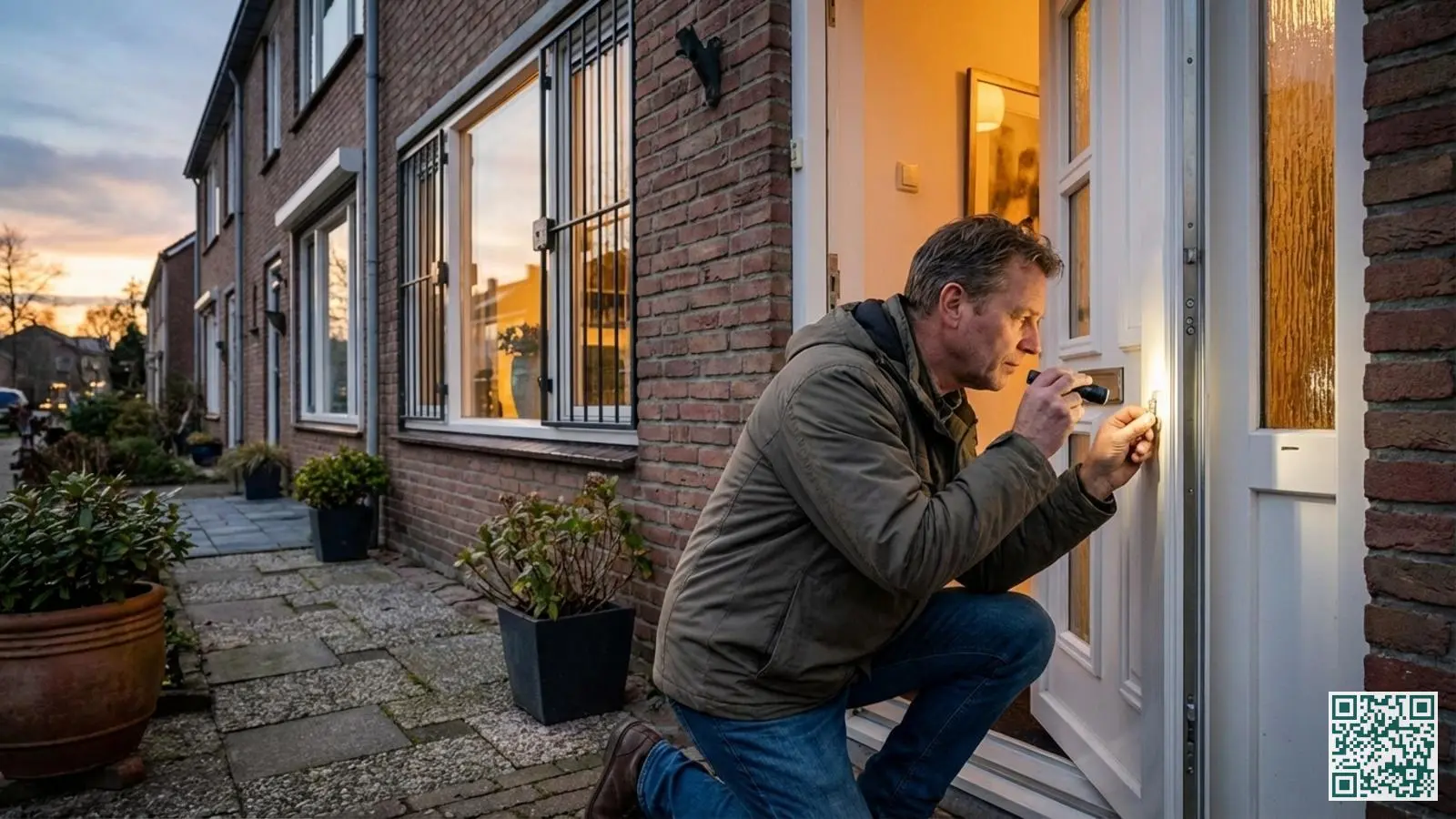 Woningeigenaar controleert het slot en de beveiliging van de voordeur van een Nederlandse woning