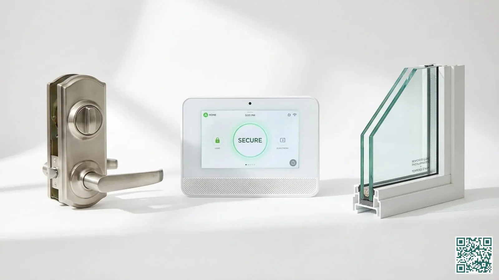 Drie soorten inbraakbeveiliging naast elkaar: een cilinderslot met veiligheidsbeslag, een alarmsysteem bedieningspaneel en inbraakwerend glas