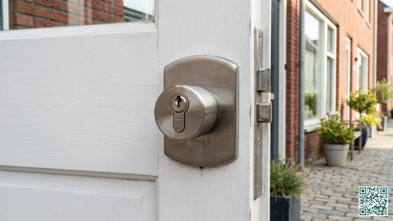 Moderne witte voordeur met veiligheidscilinderslot en roestvrijstalen veiligheidsbeslag in een Nederlandse woning