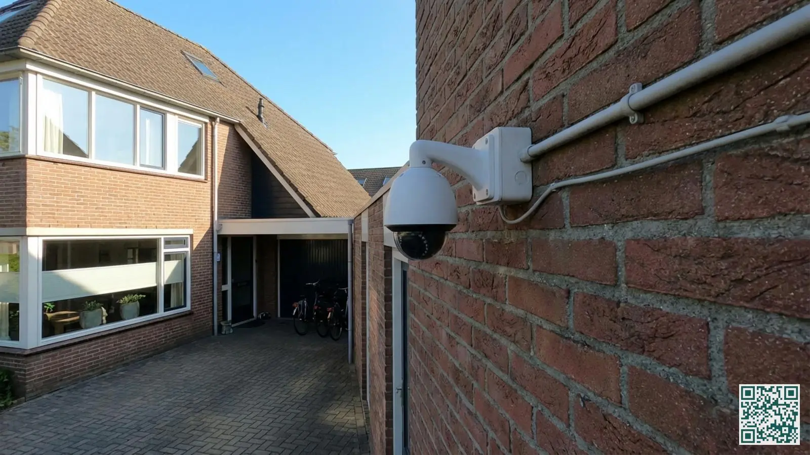 Witte dome beveiligingscamera gemonteerd op de bakstenen gevel van een Nederlandse woning met uitzicht op de oprit