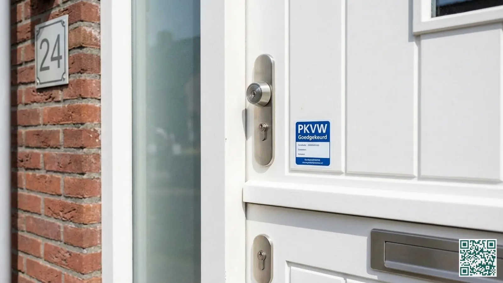 Witte voordeur met zichtbare PKVW-certificeringssticker en hoogwaardig veiligheidsbeslag bij het slot