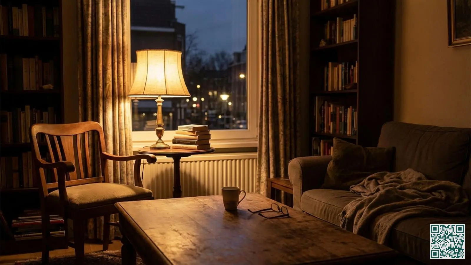 Lege Nederlandse woonkamer in de avond met een enkel brandend lampje bij het raam als schijnbare aanwezigheidsindicatie