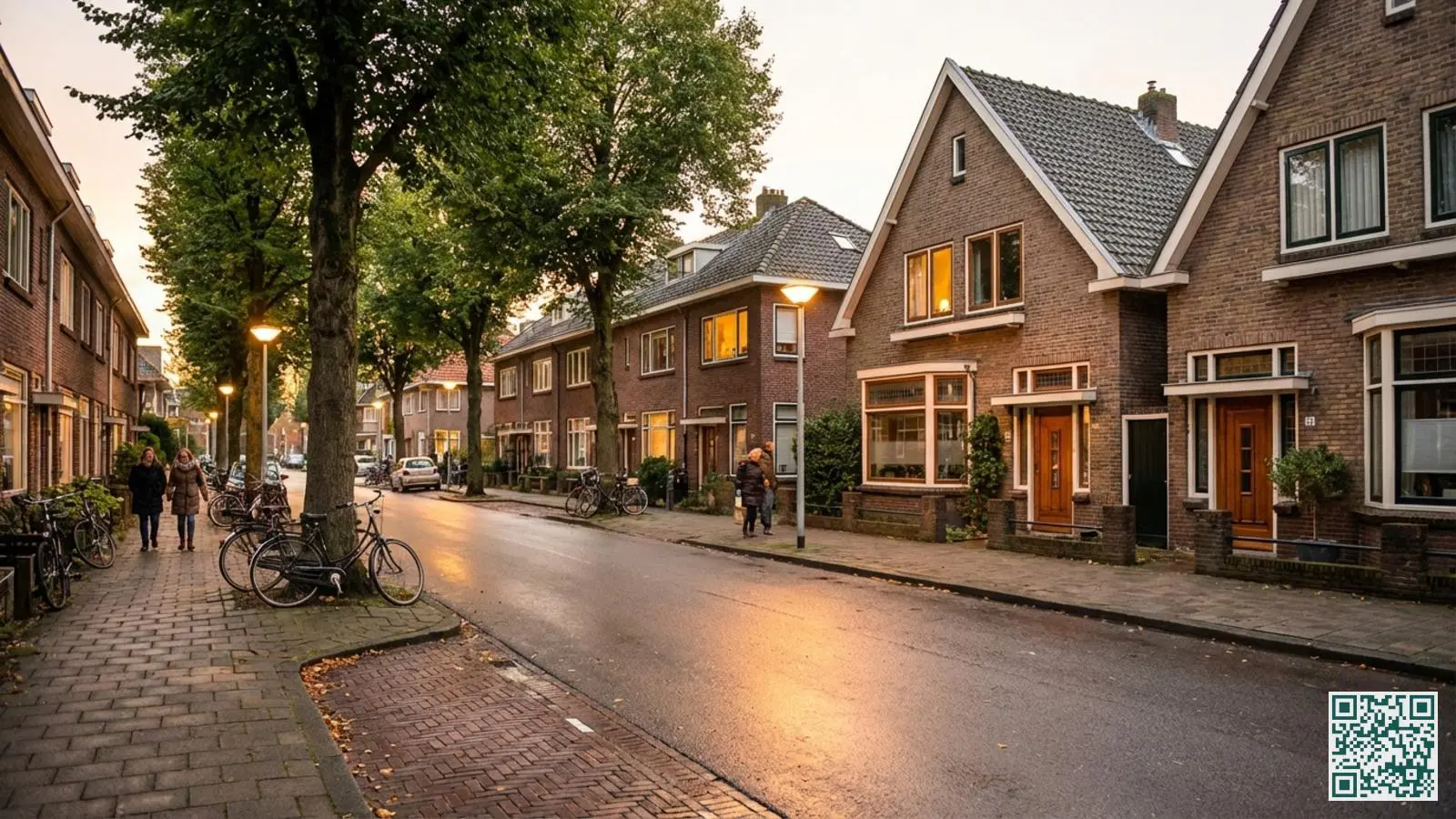 Nederlandse woonwijk met rijtjeshuizen en vrijstaande woningen aan een rustige straat in de late namiddag