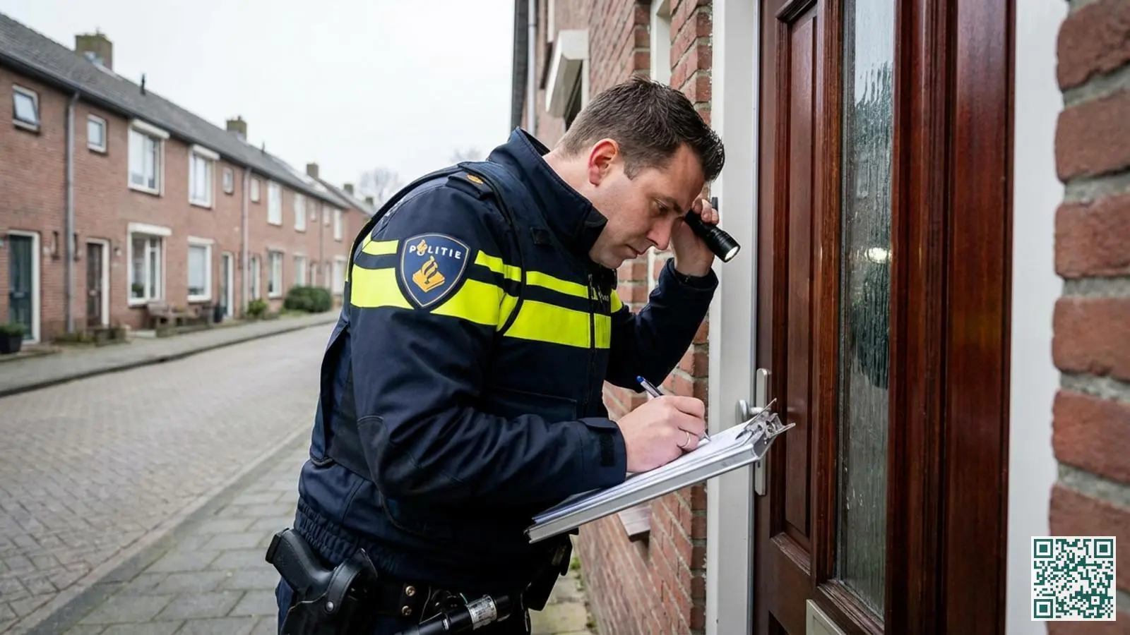 Nederlandse politieagent maakt aantekeningen tijdens een woningcontrole bij een voordeur in een woonwijk