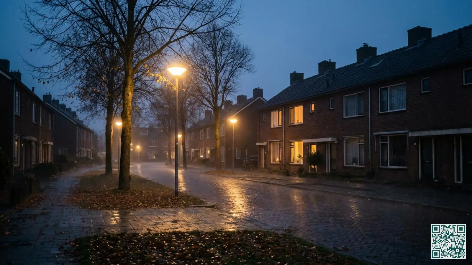 Donkere novemberavond in een Nederlandse woonwijk met straatverlichting en huizen met en zonder verlichting