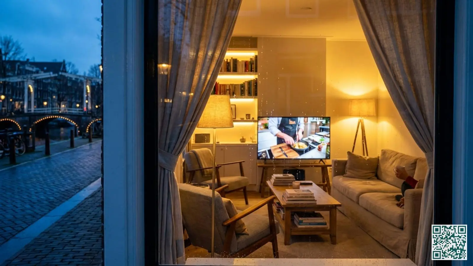 Gezellige woonkamer met slimme verlichting die aanwezigheid simuleert tijdens de avonduren gezien door het raam