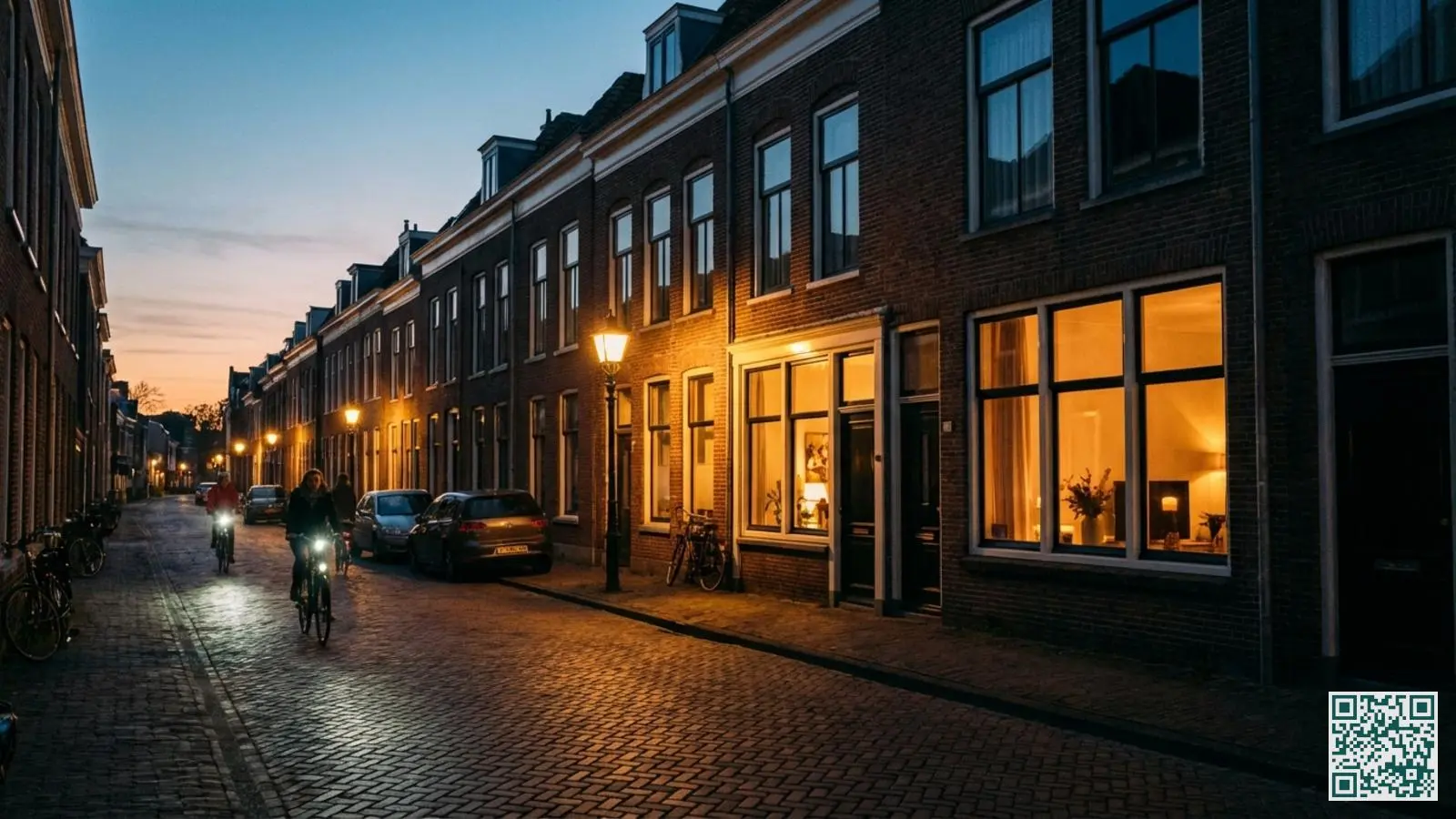 Nederlandse woonstraat in de schemering met sommige huizen verlicht en andere donker tijdens het risicovolle avonduur