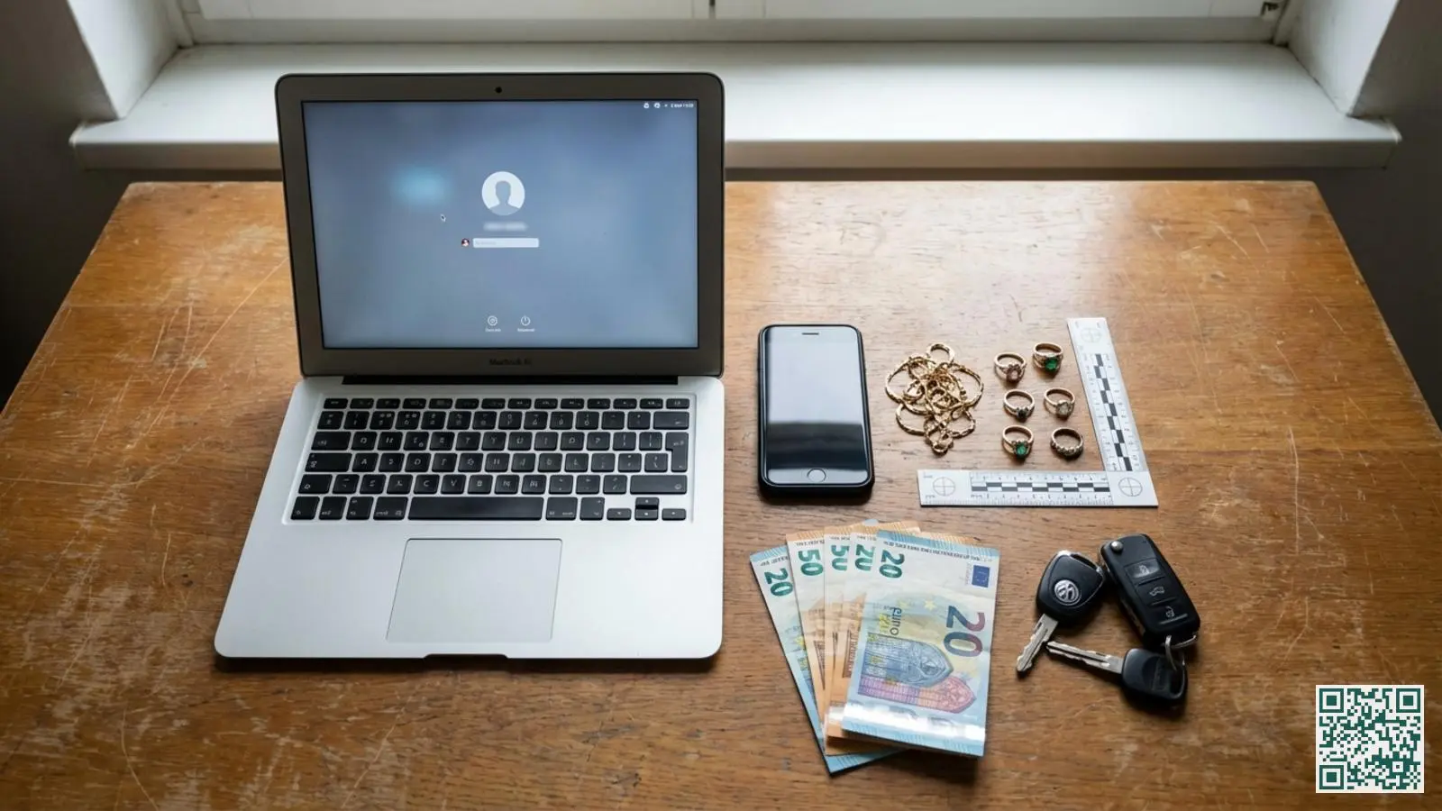 Veelgestolen items bij woninginbraak waaronder laptop smartphone gouden sieraden eurobiljetten en autosleutels op houten ondergrond