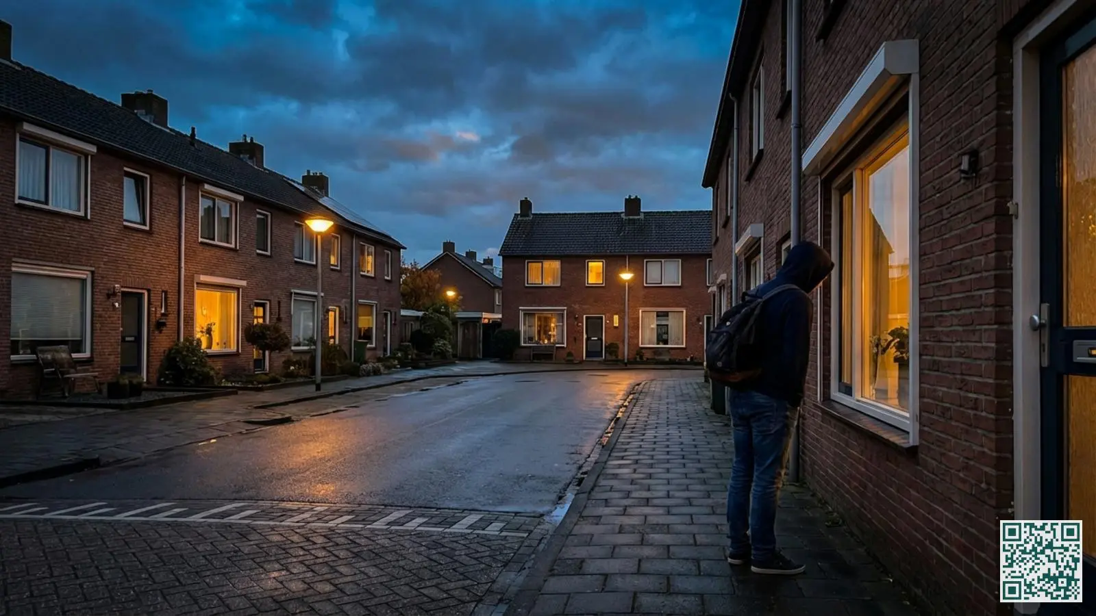 Figuur in donkere kleding bekijkt een woning vanaf de straat in de schemering terwijl huizen op de achtergrond verlicht zijn
