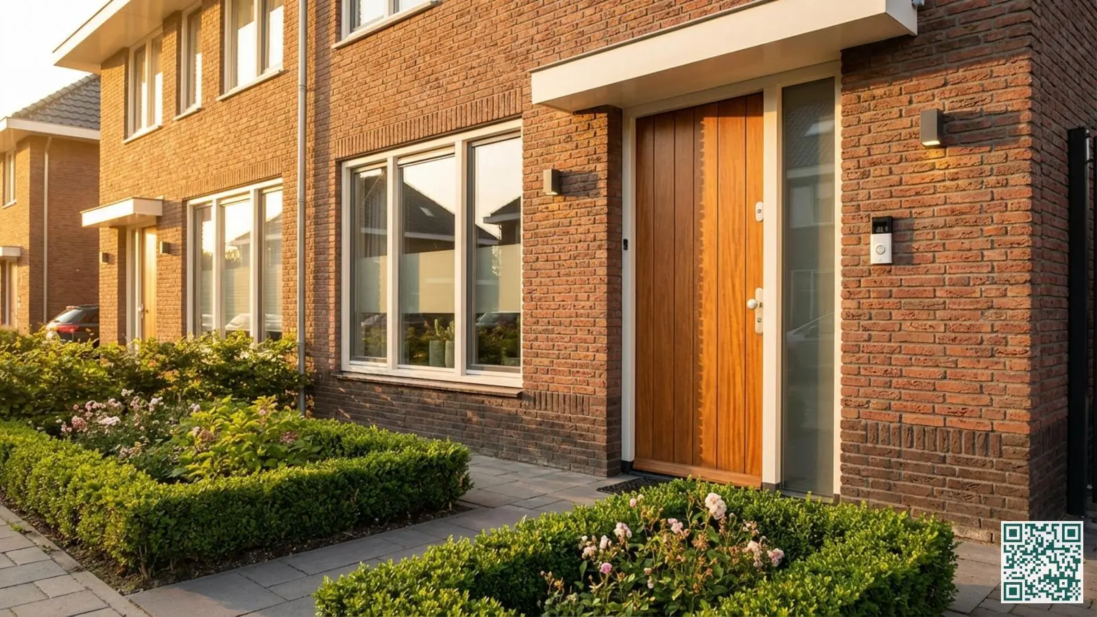 Nederlands woonhuis met zichtbare beveiligingselementen zoals veiligheidsbeslag op de voordeur en bewegingssensor verlichting