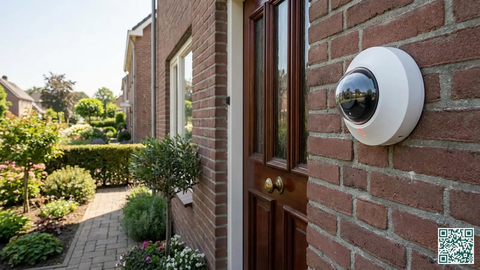 Witte draadloze beveiligingscamera gemonteerd op de gevel van een Nederlandse woning naast de voordeur