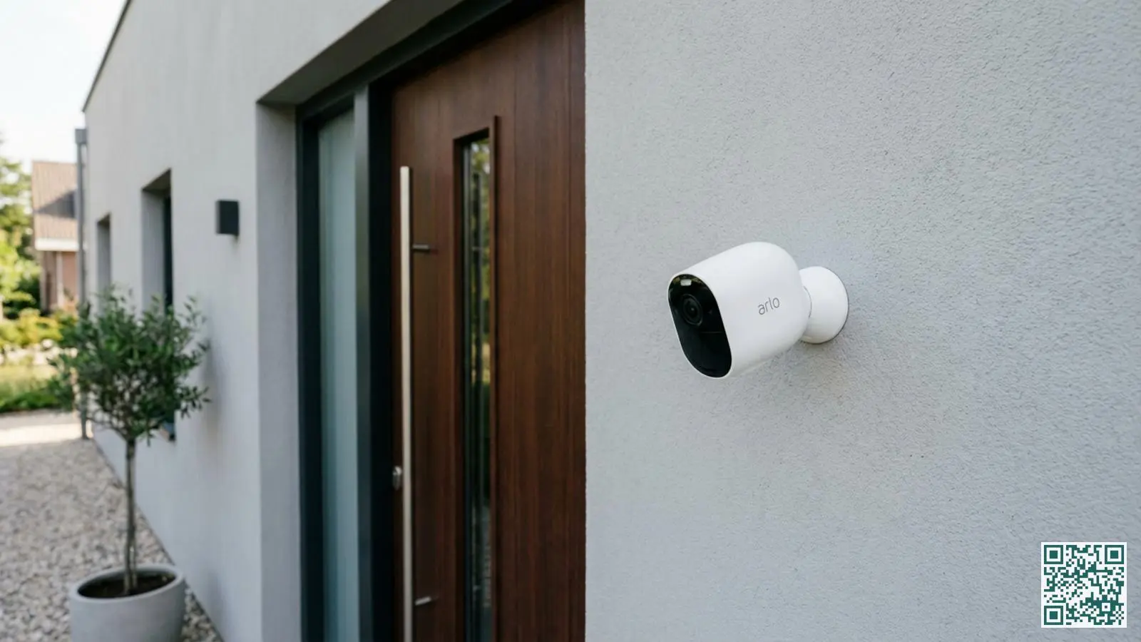 Witte Arlo draadloze beveiligingscamera gemonteerd op lichtgrijze muur naast moderne voordeur van Nederlandse woning