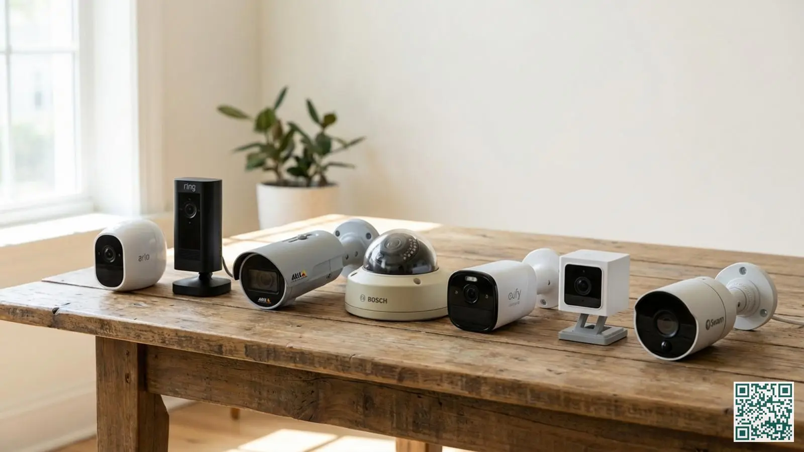Zes verschillende beveiligingscamera merken netjes uitgestald op een houten tafel met dome en bullet camera modellen