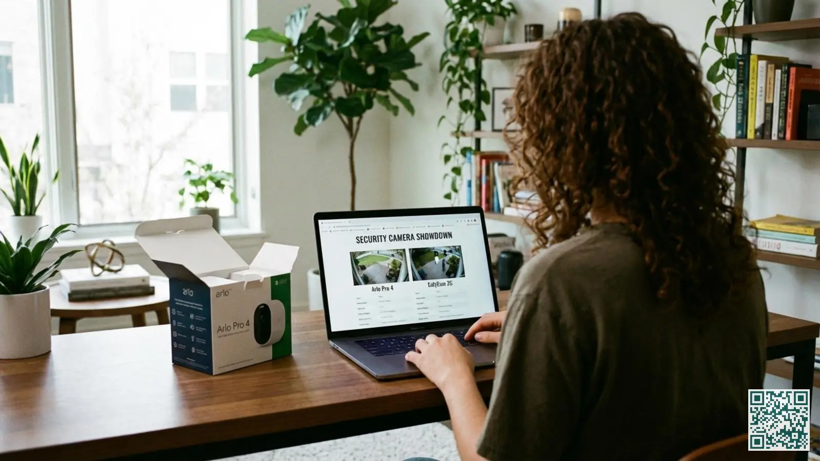 Persoon bekijkt beveiligingscamera vergelijking op laptopscherm in thuiskantoor met cameradoos naast laptop