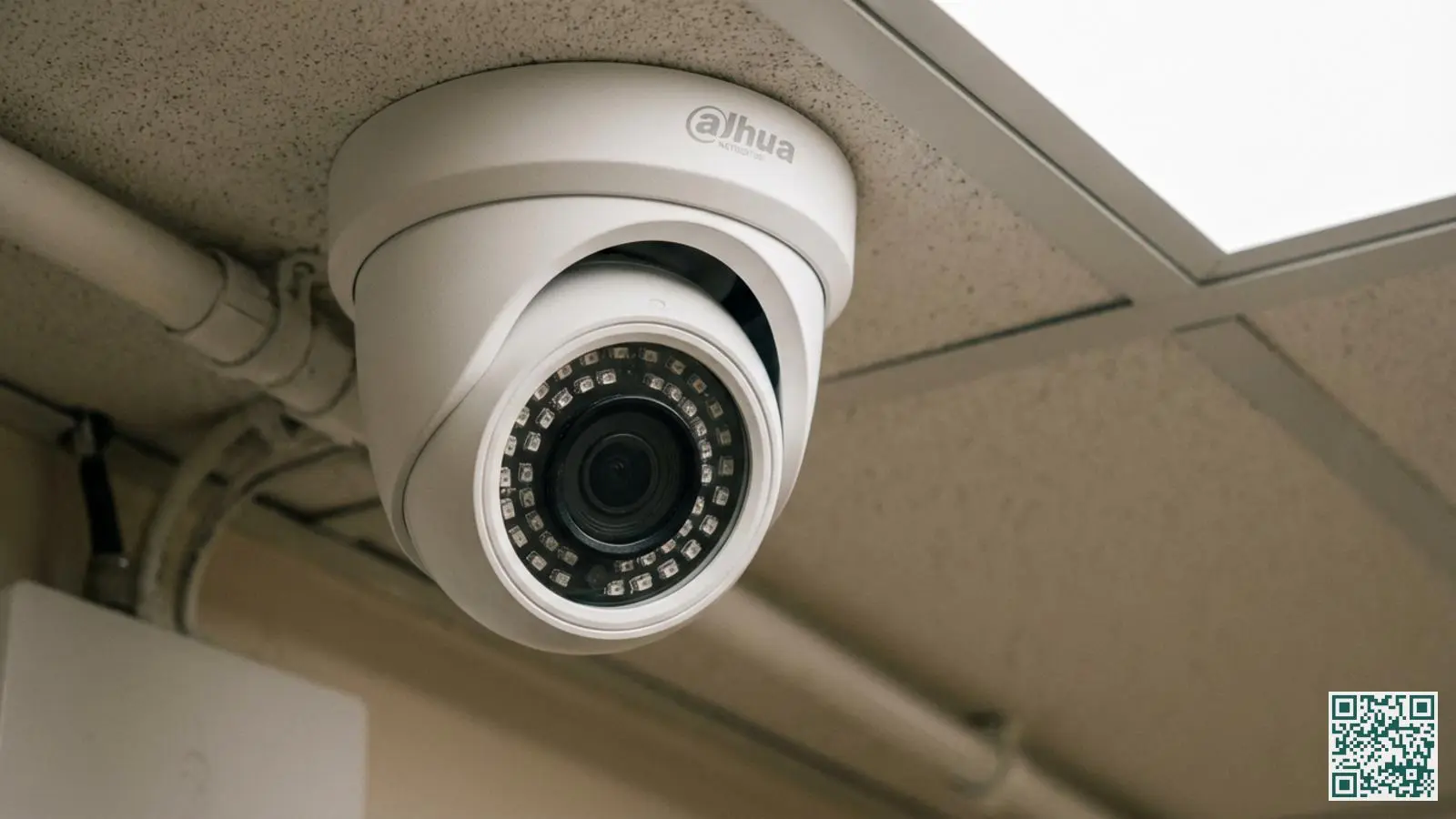 Close-up van een Dahua dome camera met zichtbare infrarood LED-ring rondom de lens voor nachtzicht