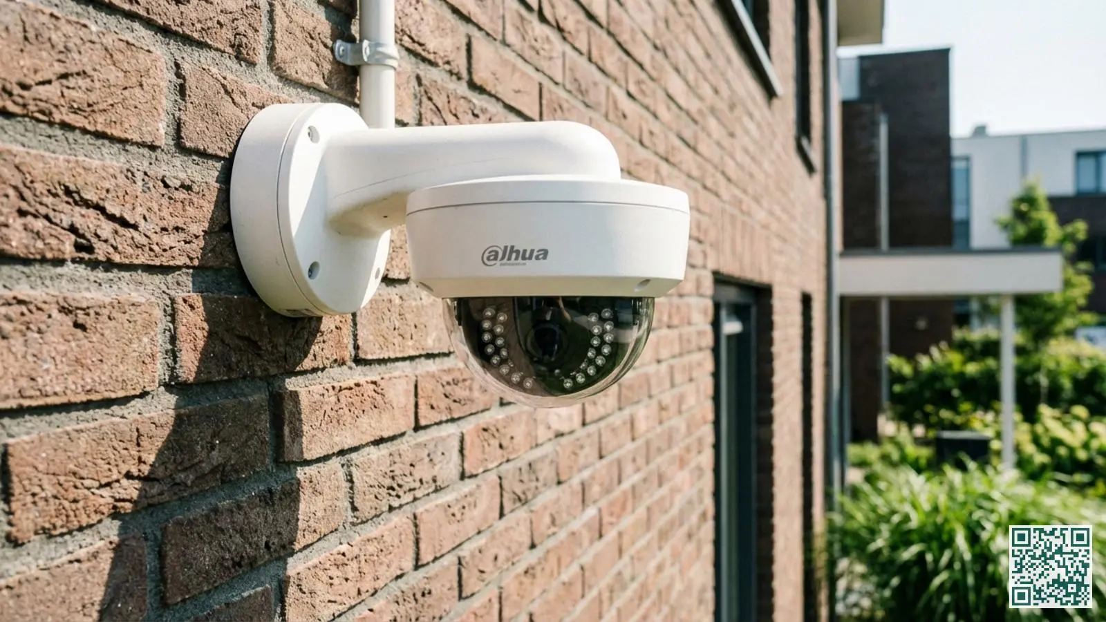 Witte Dahua dome beveiligingscamera professioneel gemonteerd op de buitenmuur van een Nederlandse woning