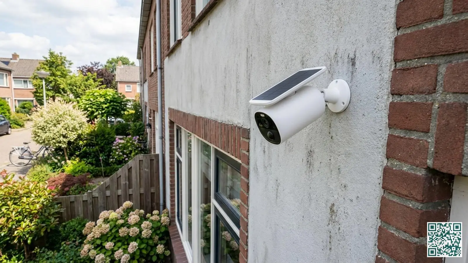 Witte buitencamera met zonnepaneel gemonteerd aan een grijze gevel van een Nederlandse woning