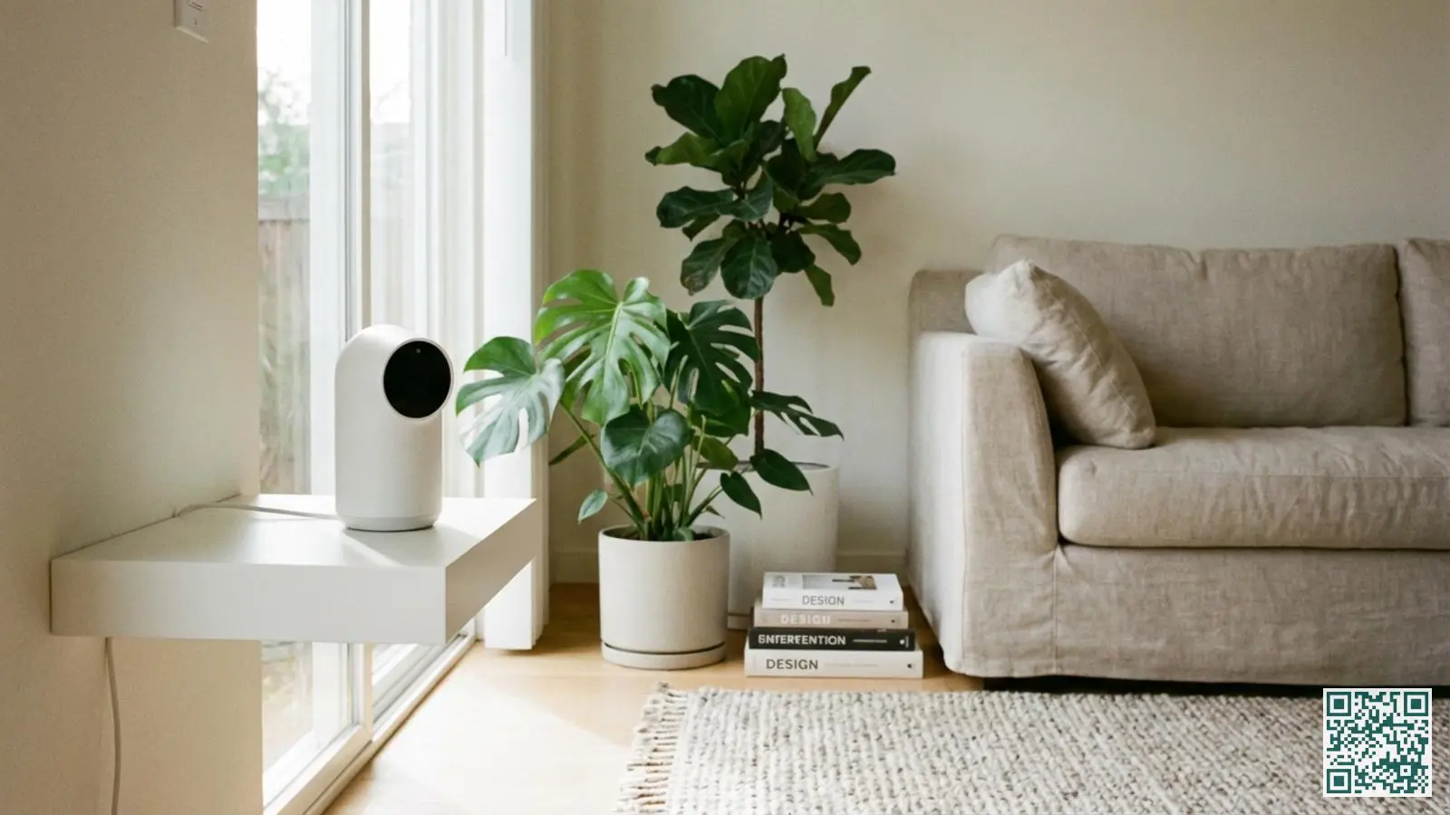 Witte Google Nest Cam binnencamera op een plank in een moderne woonkamer met zachte natuurlijke verlichting