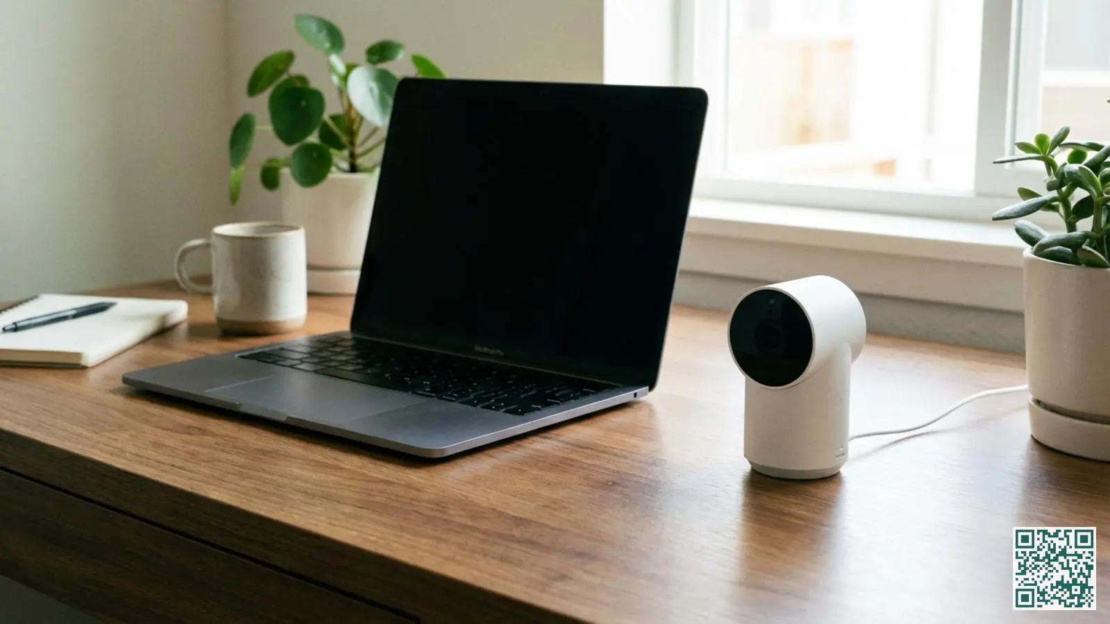 Compacte witte Nest Cam Indoor op een houten bureau naast een laptop in een thuiskantoor