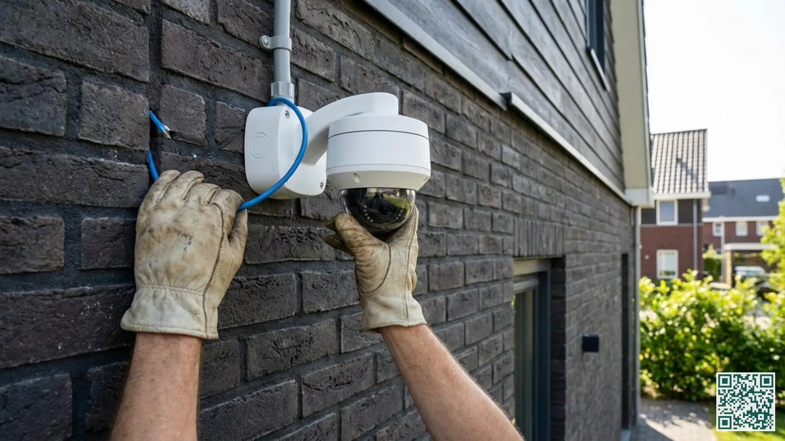 Handen monteren een witte Reolink PoE beveiligingscamera aan een bakstenen gevel met zichtbare netwerkkabel
