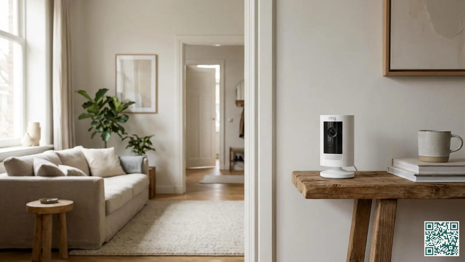 Compacte witte Ring Indoor Cam geplaatst op houten plank in moderne woonkamer met neutrale kleuren