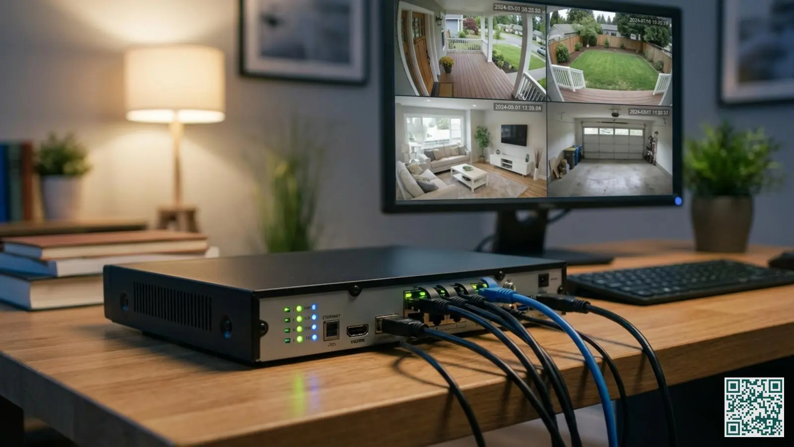 Zwart NVR-systeem voor cameraopslag op een bureau met monitor die vier camerabeelden toont op de achtergrond