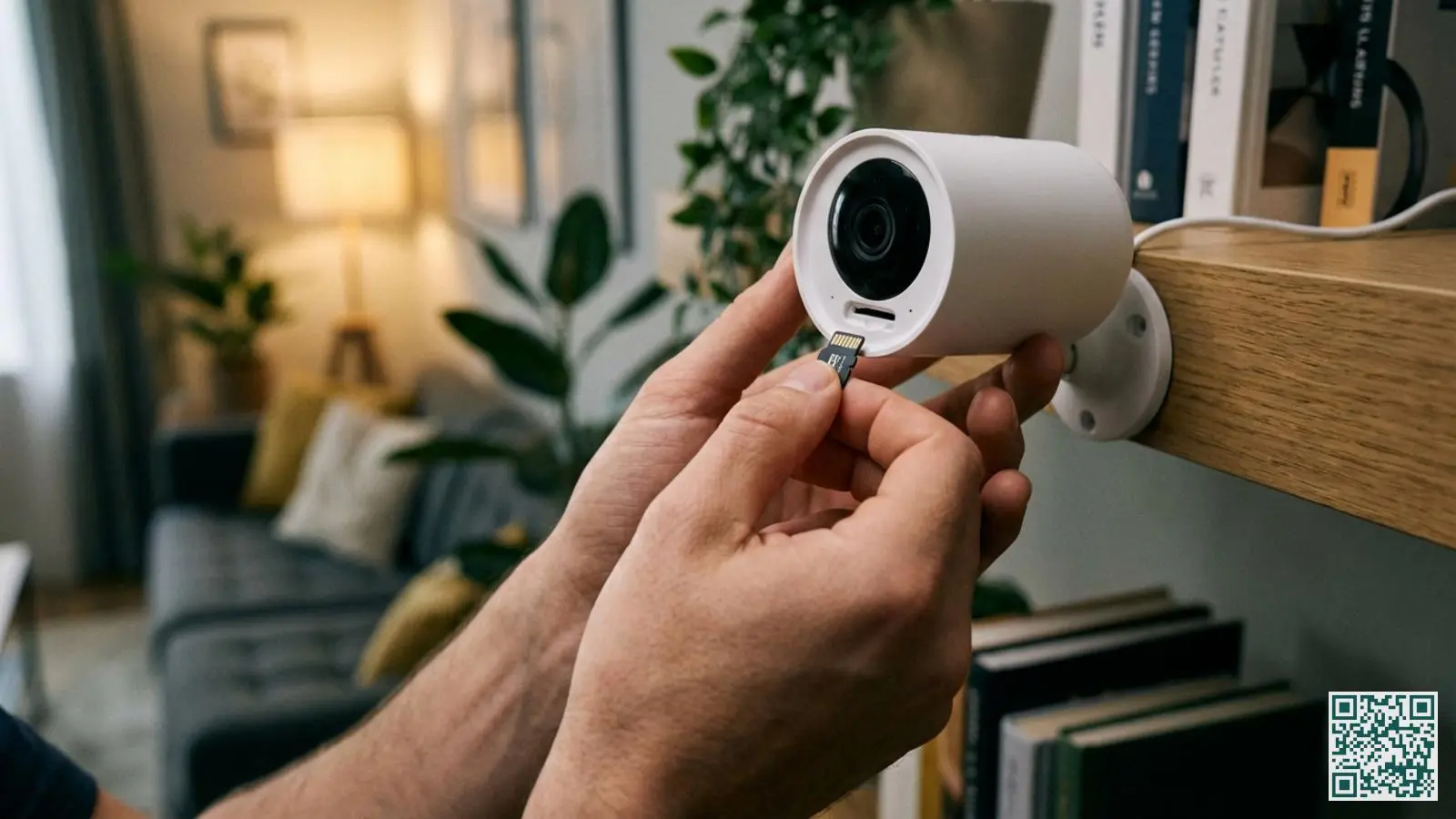 Handen plaatsen een micro SD-kaart in de sleuf van een witte binnencamera in een moderne woonkamer