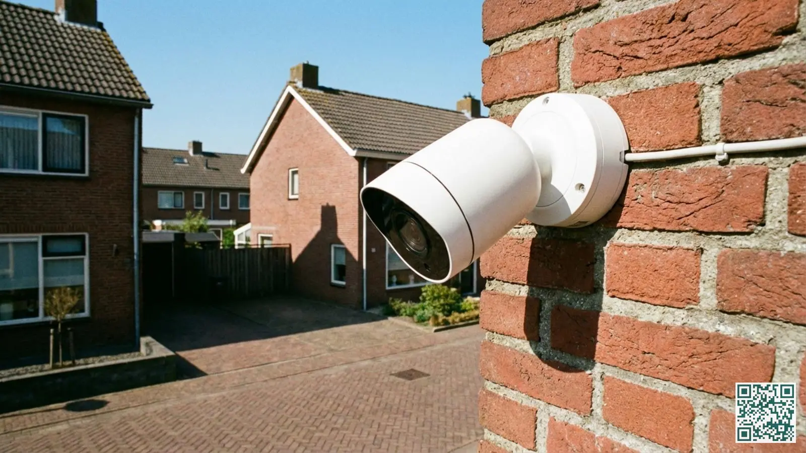 Moderne buitencamera op bakstenen muur gericht naar beneden op eigen oprit met openbare weg buiten beeld