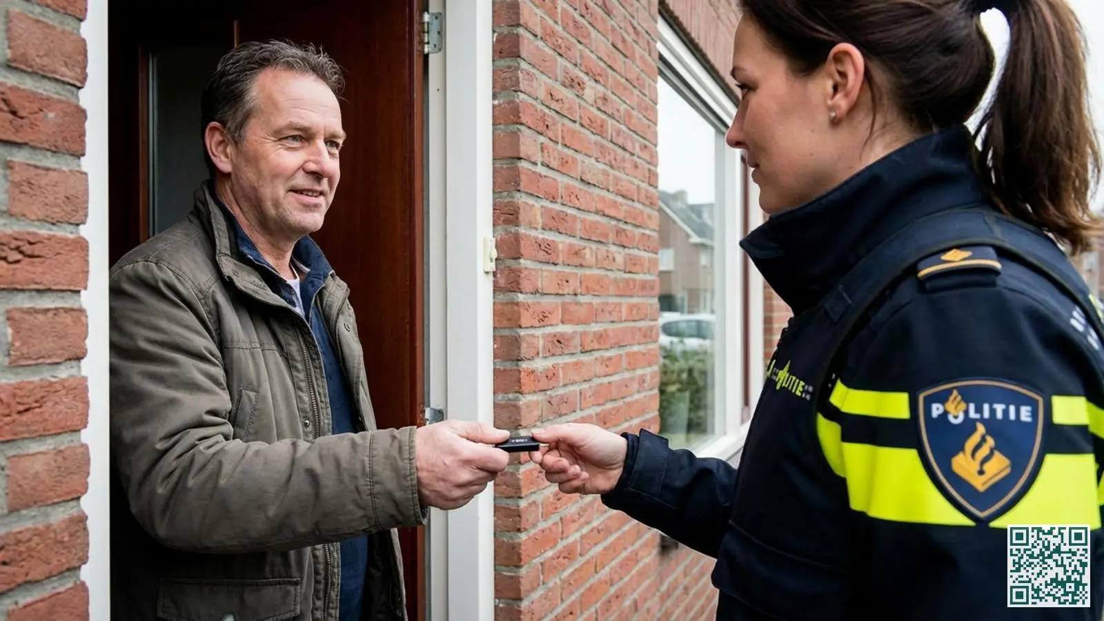 Bewoner overhandigt USB-stick met camerabeelden aan Nederlandse politieagent bij de voordeur