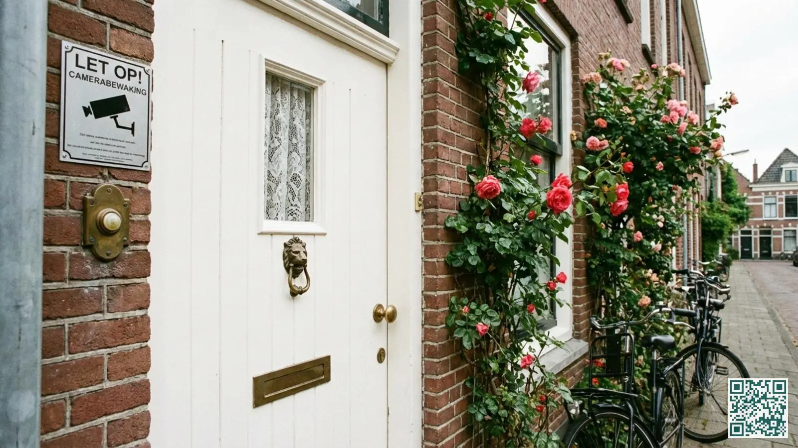 Witte voordeur van Nederlandse woning met duidelijk zichtbaar camerawaarschuwingsbord naast de deurbel