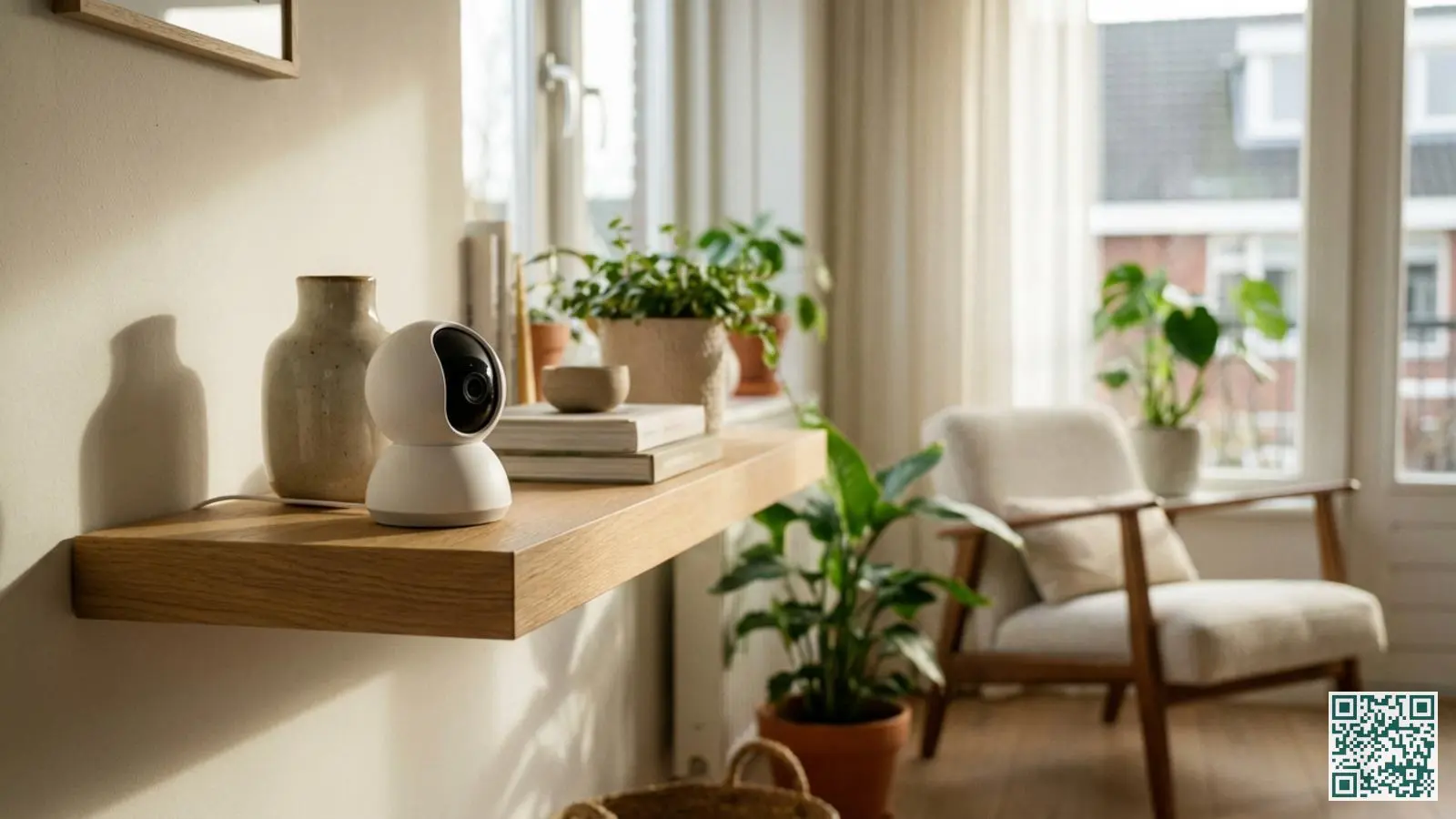 Compacte witte binnencamera op een houten plank in een moderne woonkamer met planten en boeken op de achtergrond