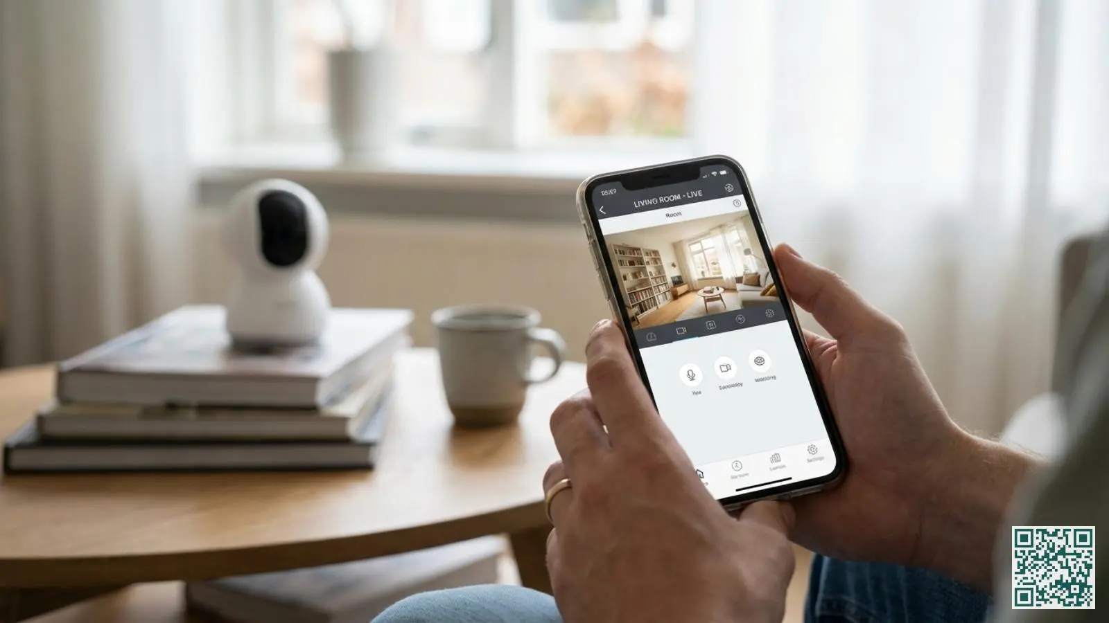 Handen houden een smartphone met camera app waarop live beelden te zien zijn met op de achtergrond een binnencamera
