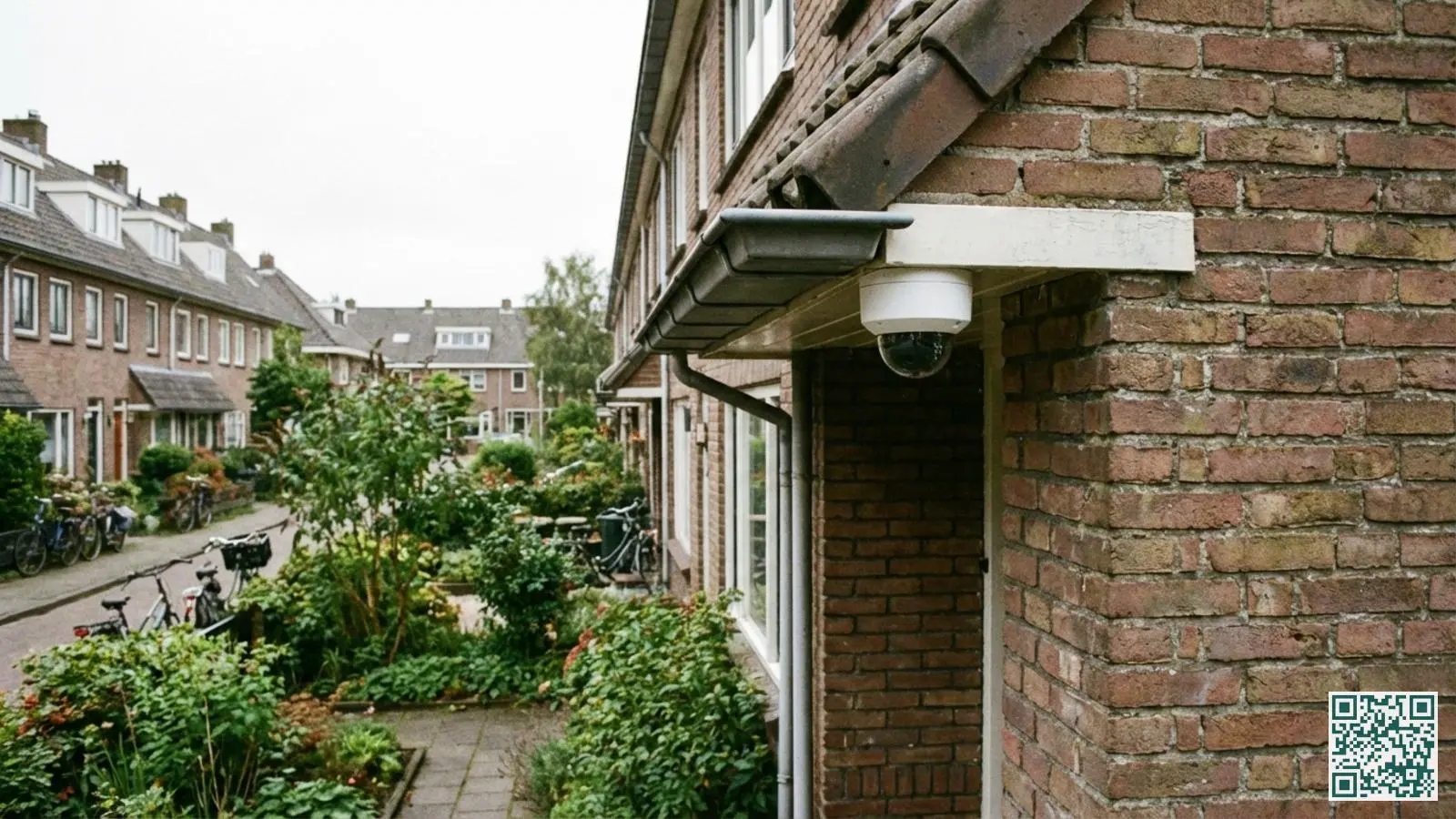 Witte dome buitencamera gemonteerd onder de dakrand van een Nederlandse bakstenen woning met tuin op de achtergrond
