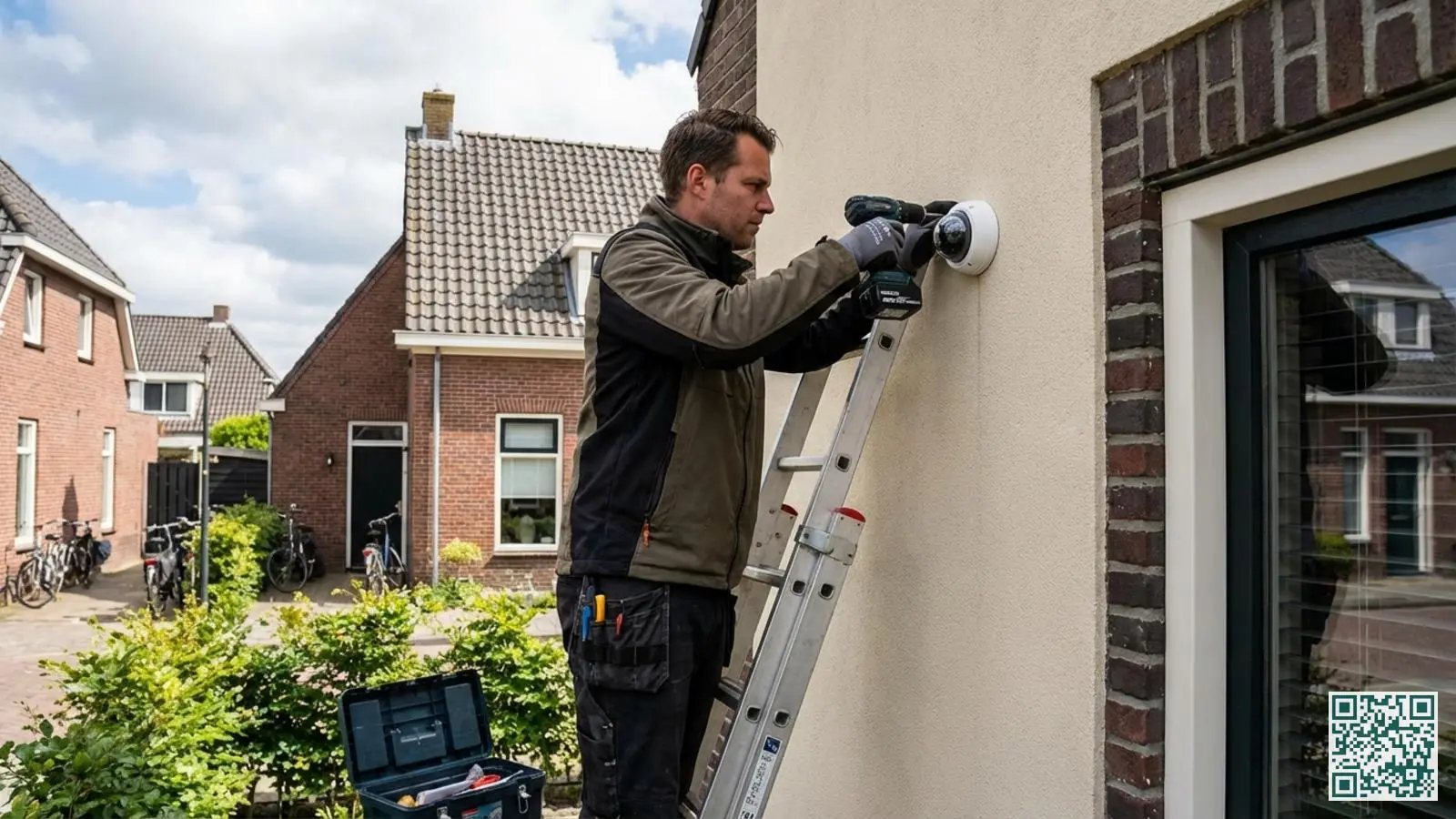 Monteur op ladder installeert een witte buitencamera op de gevel van een Nederlandse woning met een accuboormachine