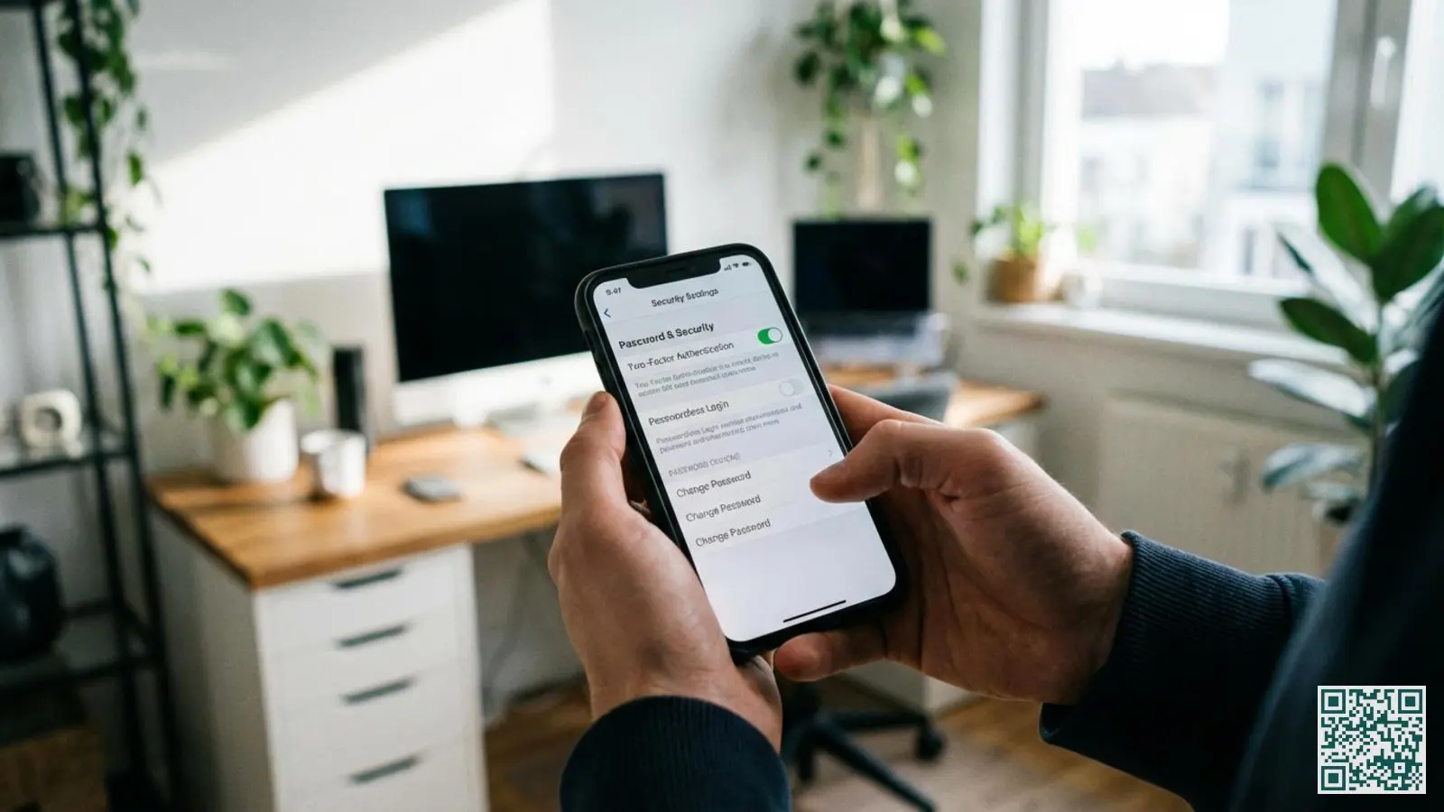 Handen houden een smartphone vast met een beveiligingscamera-app die wachtwoord- en tweefactorauthenticatie-instellingen toont