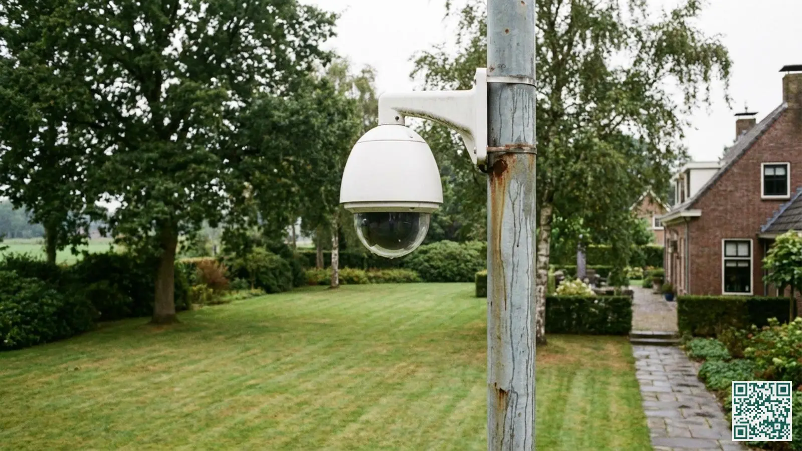 Witte PTZ-beveiligingscamera in domebehuizing gemonteerd op een metalen paal in een grote Nederlandse tuin met gazon