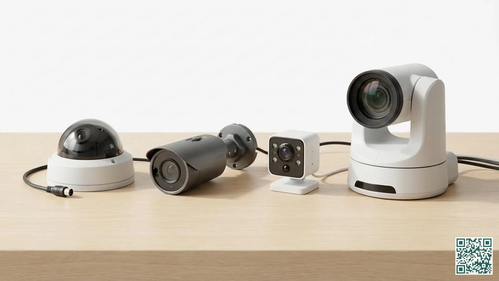 Vier verschillende types beveiligingscamera's naast elkaar op een tafel: dome, bullet, binnencamera en PTZ-camera