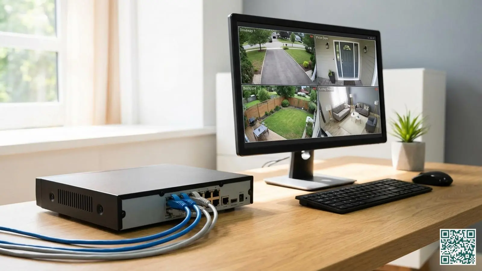 Network video recorder met meerdere camerabeelden op een computerscherm in een thuiskantoor