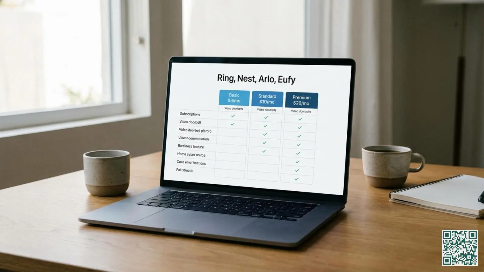 Laptop op houten bureau toont een vergelijkingstabel van video deurbel abonnementen in thuiskantoor omgeving
