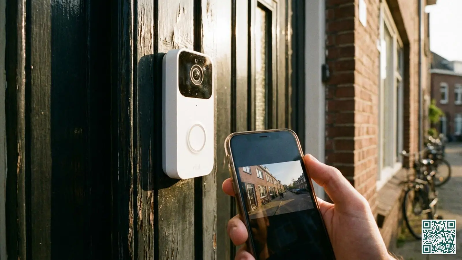 Witte video deurbel gemonteerd op houten deurpost met smartphone op de voorgrond die de live beelden toont