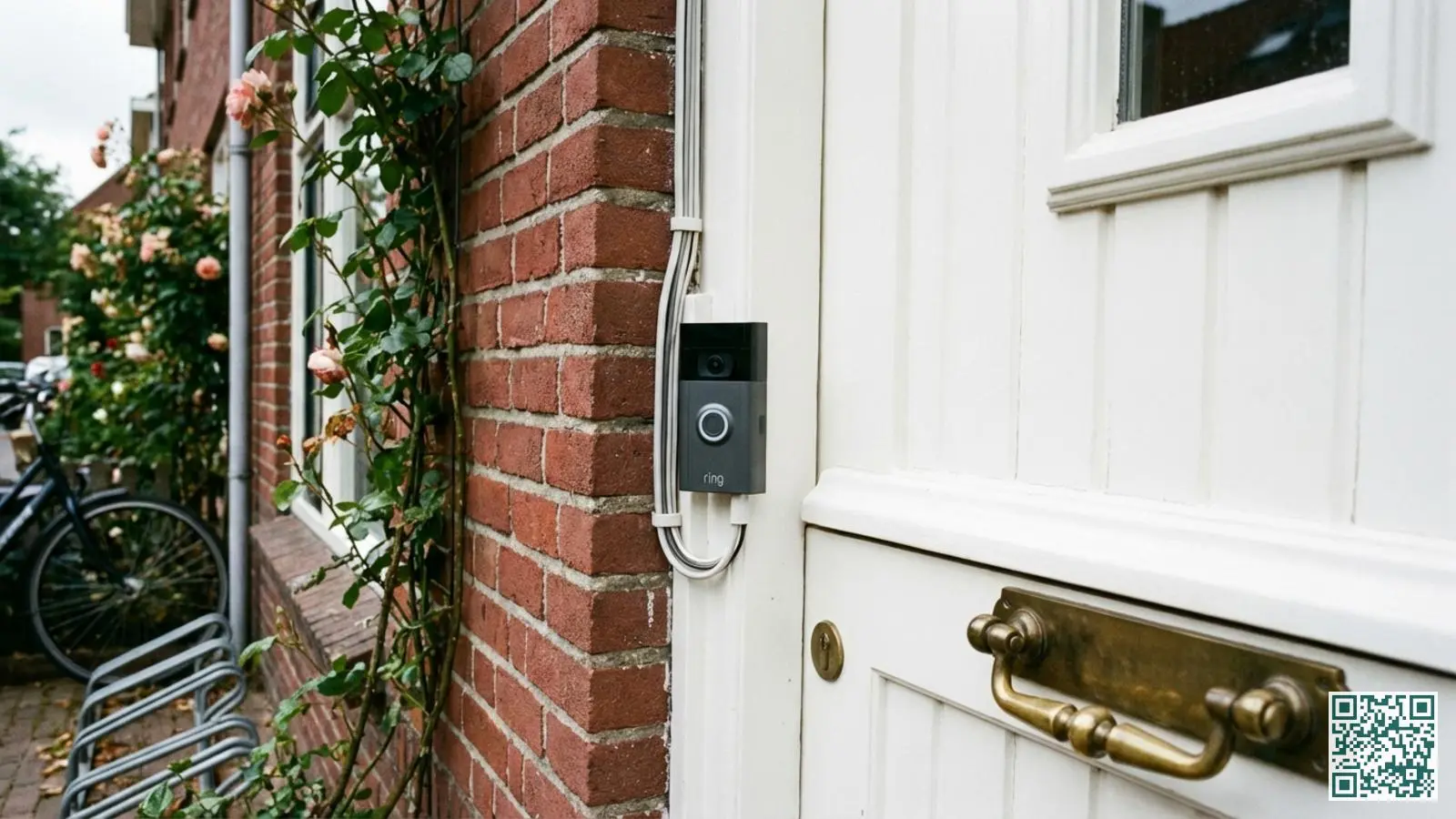 Moderne bedrade video deurbel gemonteerd naast een witte houten voordeur van een Nederlandse woning