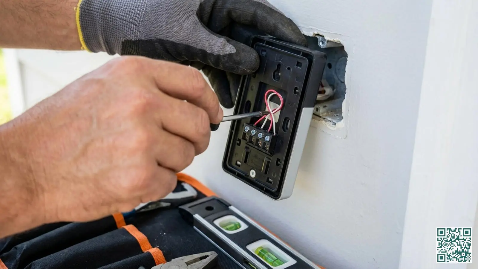 Handen die dunne deurbel draden aansluiten op de aansluitpunten aan de achterzijde van een video deurbel