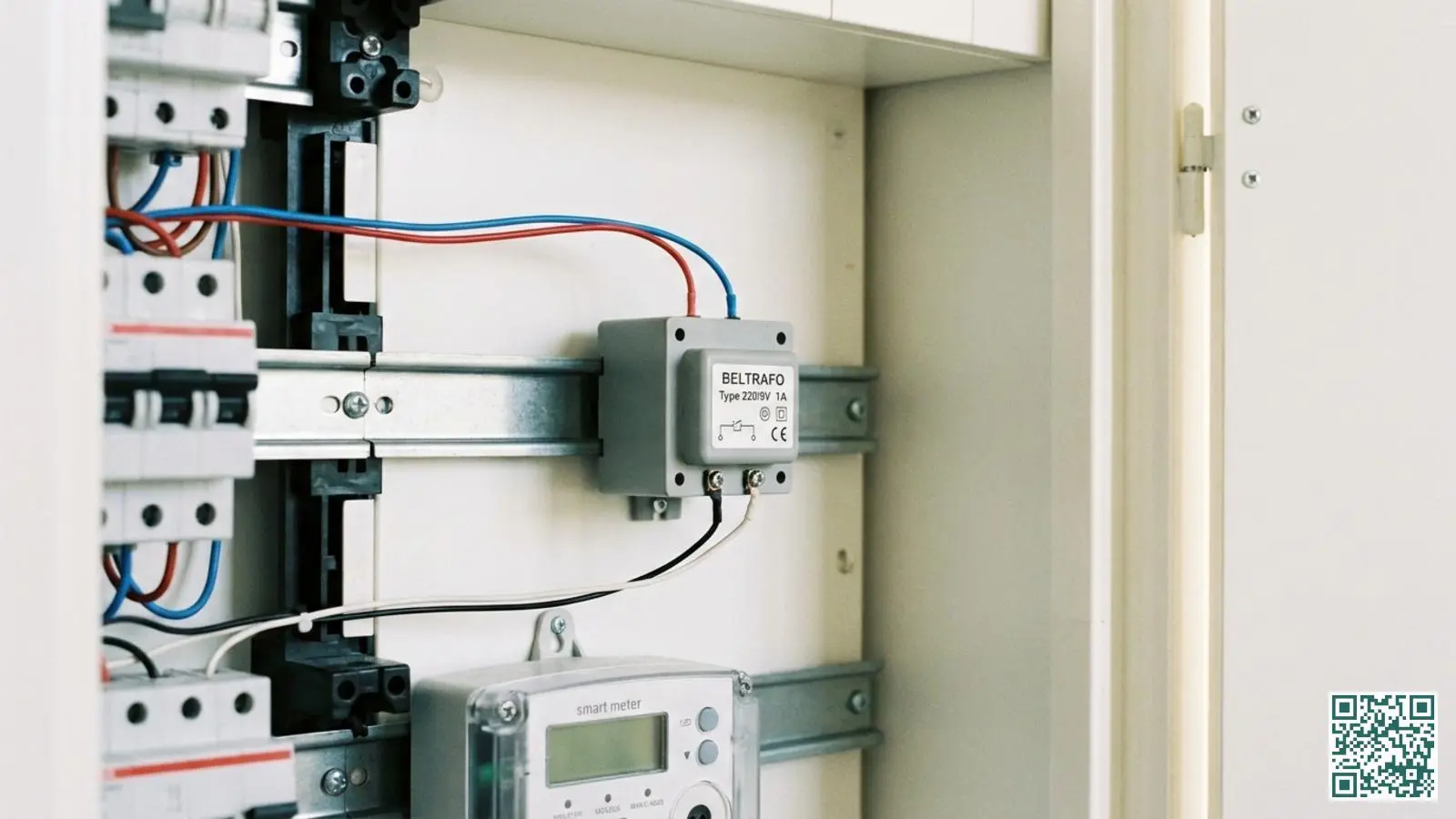 Kleine deurbeltransformator gemonteerd in een Nederlandse meterkast met dunne draden die naar buiten lopen