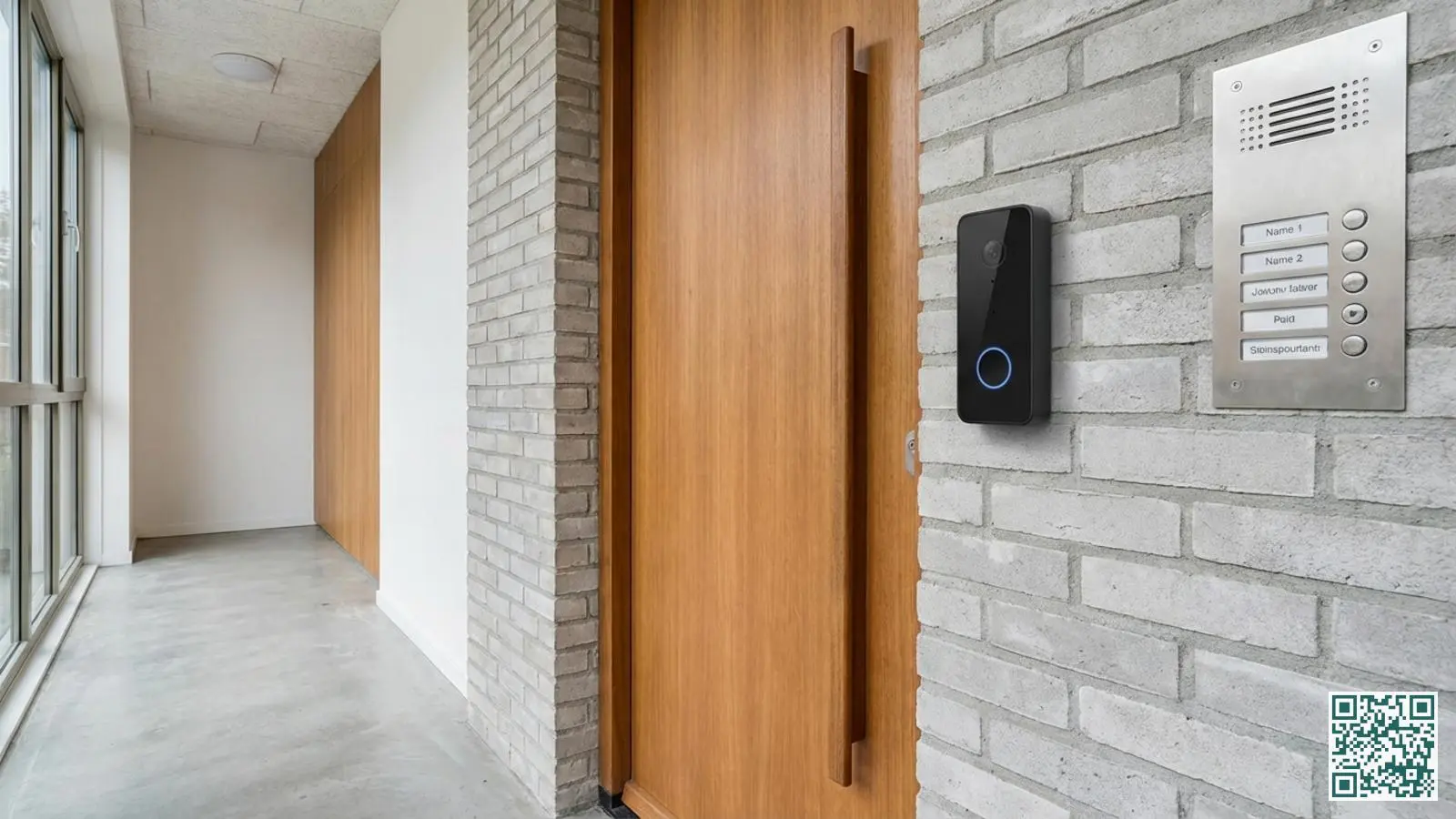 Strakke draadloze video deurbel naast de voordeur van een modern Nederlands appartement met intercompaneel