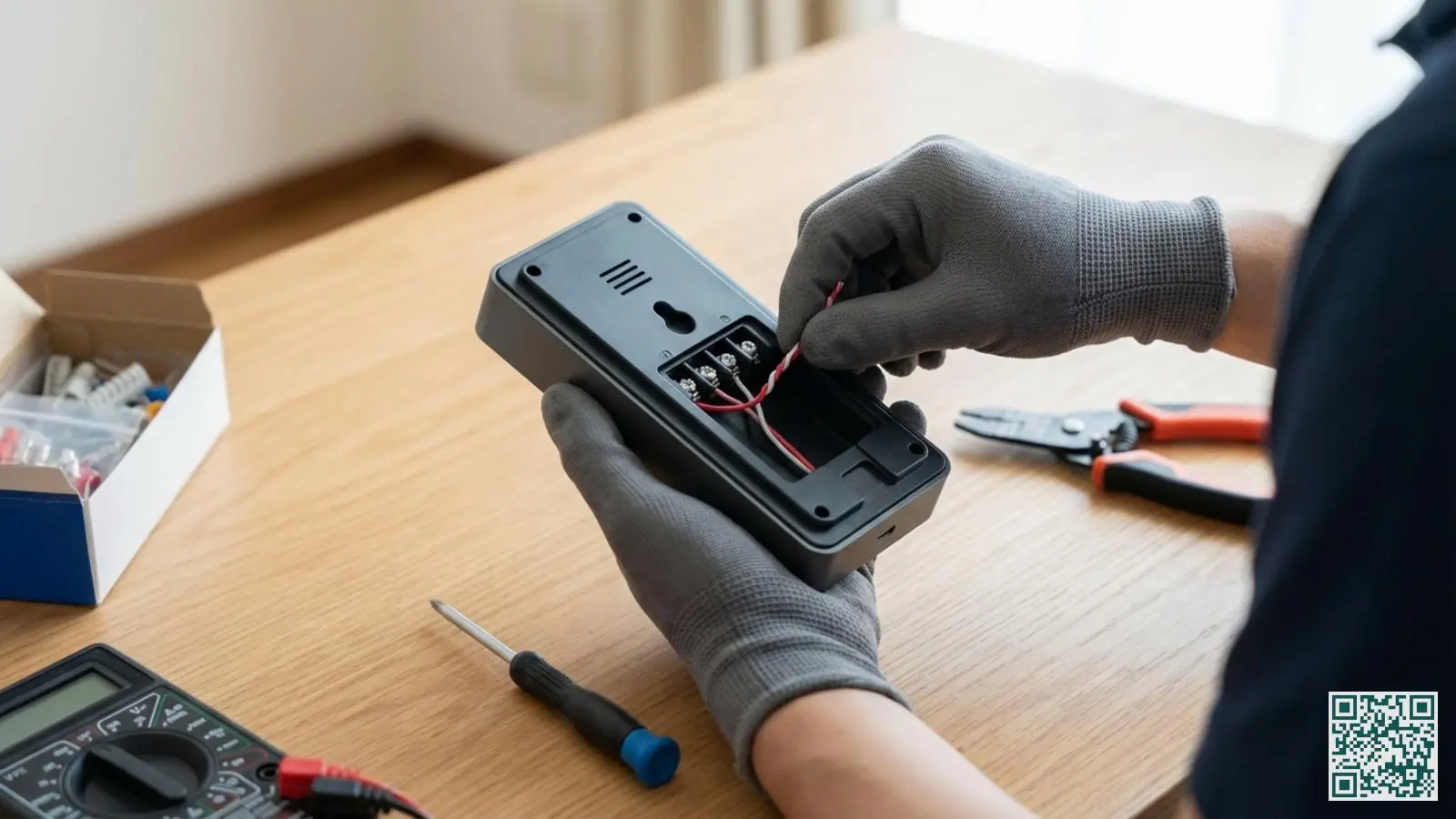 Handen die elektrische bedrading aansluiten op de aansluitpunten aan de achterkant van een video deurbel